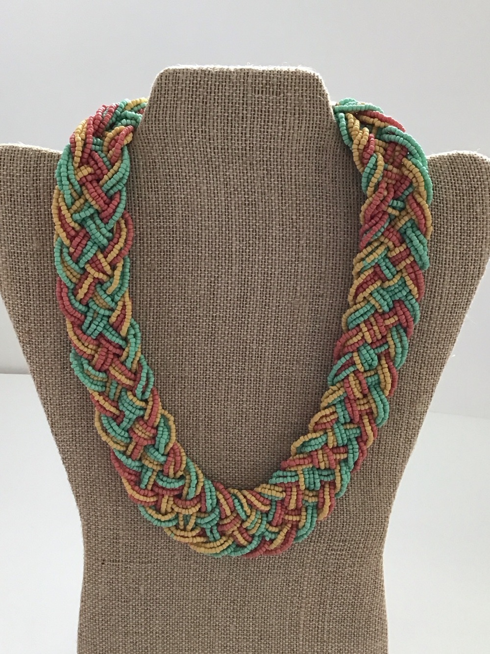 Braided Bead Necklace in Mint, Coral & Yellow - Women Jewelry